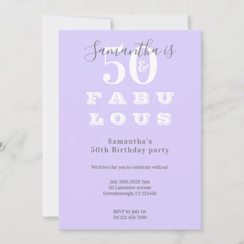 Modern 50th Birthday 50 fabulous Purple Gray Party Invitation