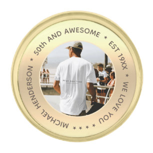 MODERN 50th Birthday 60th Birthday 70th NAME PHOTO Gold Finish Lapel Pin