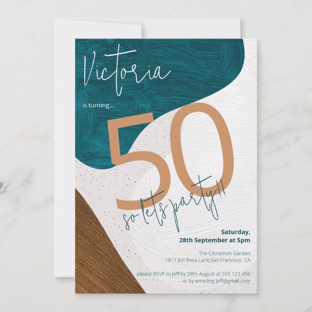 Modern 50th Birthday Abstract Blue Unique Custom Invitation (Front)
