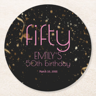 Modern 50th Birthday Black Gold Confetti Round Paper Coaster