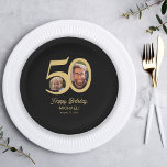 Modern 50th birthday black gold photo paper plates<br><div class="desc">Trendy bold typography 50 years man birthday funny personalized party paper plates template with 2 photos and modern retro style script. Easy to customize with your text and pictures.</div>