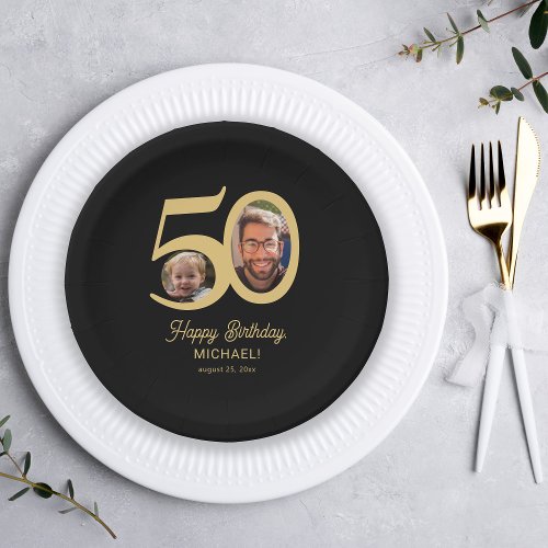Modern 50th birthday black gold photo paper plates