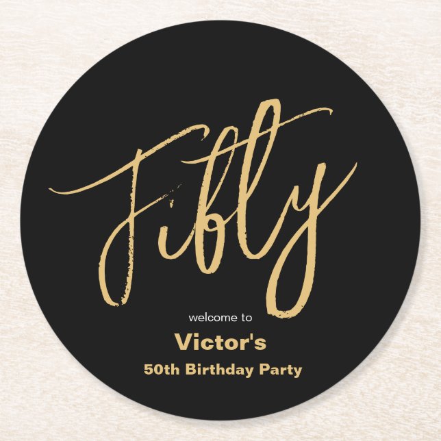 Modern 50th Birthday Black Gold Typography Custom Round Paper Coaster (Front)