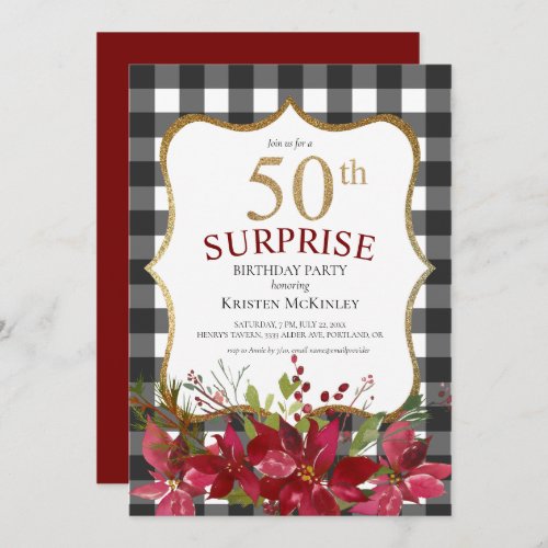 Modern 50th Birthday Black Red Floral Glitter Invitation
