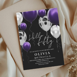 Modern 50th Birthday Black Silver Purple Balloons  Invitation