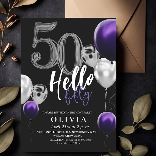 Modern 50th Birthday Black Silver Purple Balloons  Invitation