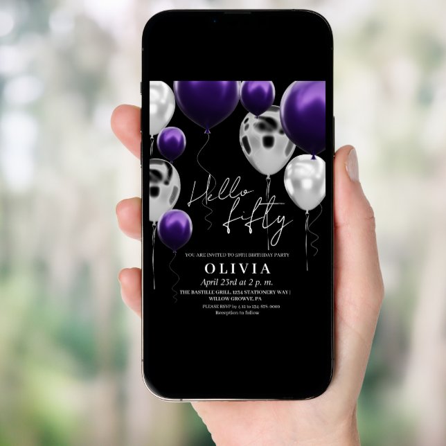 Modern 50th Birthday Black Silver Purple Balloons  Invitation (Front Digital)