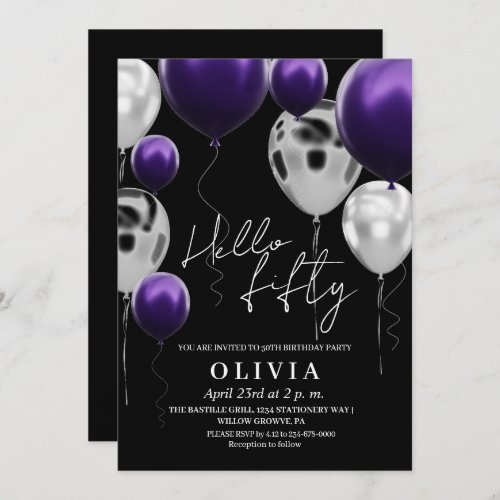 Modern 50th Birthday Black Silver Purple Balloons  Invitation