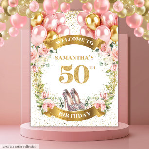 Modern 50th Birthday Blush Flowers Glitter Banner Tapestry