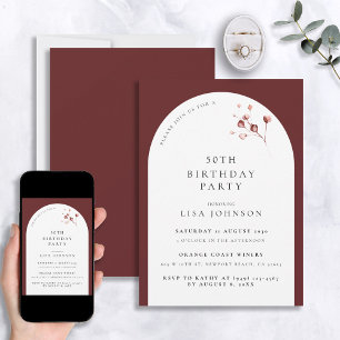 Modern 50th Birthday Burgundy Arch Botanical Invitation