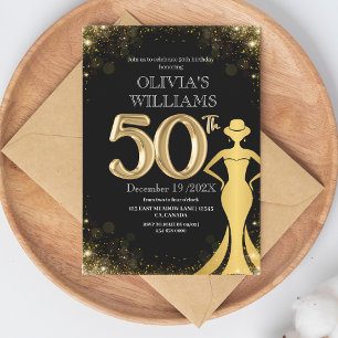 Modern 50th Birthday Chic Black Gold Dress Shine Invitation