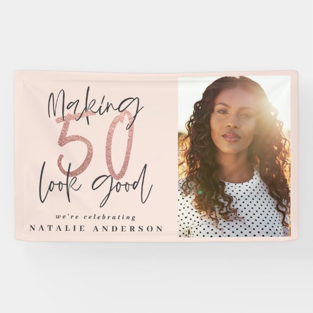 Modern 50th birthday chic typography rose gold banner (Horizontal)