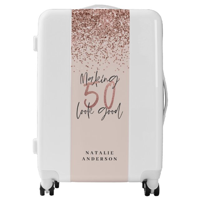 Modern 50th birthday chic typography rose gold luggage (Front)