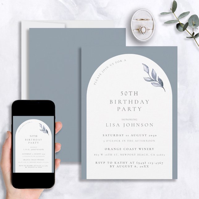 Modern 50th Birthday Dusty Blue Arch Botanical Invitation (Creator Uploaded)