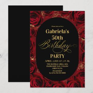 Modern 50th Birthday Elegant Black Red Floral Invitation