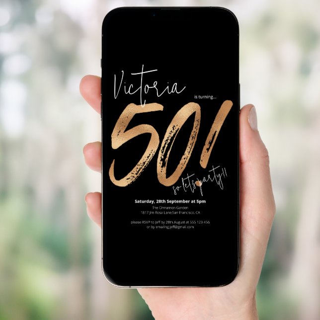 Modern 50th Birthday Gold Black Sassy Minimalist Invitation (Front Digital)