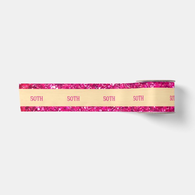 Modern 50th Birthday Gold Hot Pink Glittery Glam  Satin Ribbon (Front)