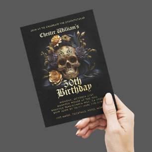 Modern 50TH BIRTHDAY GOLD SKULL ROSE Foil Invitation