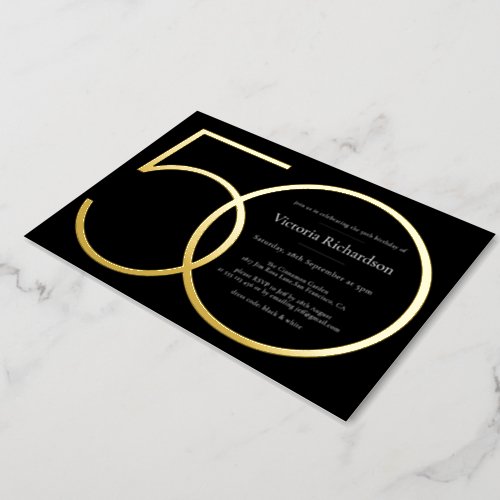Modern 50th Birthday Minimalist Elegant Black Gold Foil Invitation