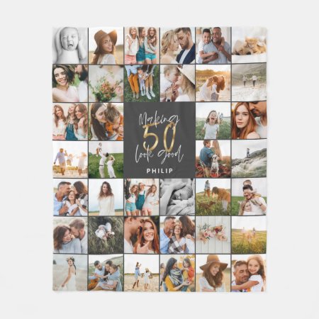 Modern 50th Birthday Multi Photo Script Gift Fleece Blanket