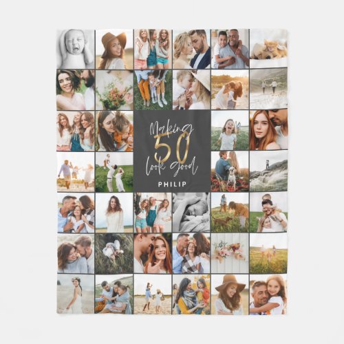 Modern 50th birthday multi photo script gift fleece blanket