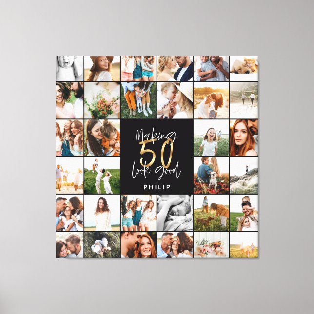 Modern 50th birthday multi photo script gift poste canvas print (Front)