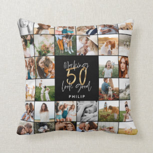 Modern 50th birthday multi photo script gift throw pillow