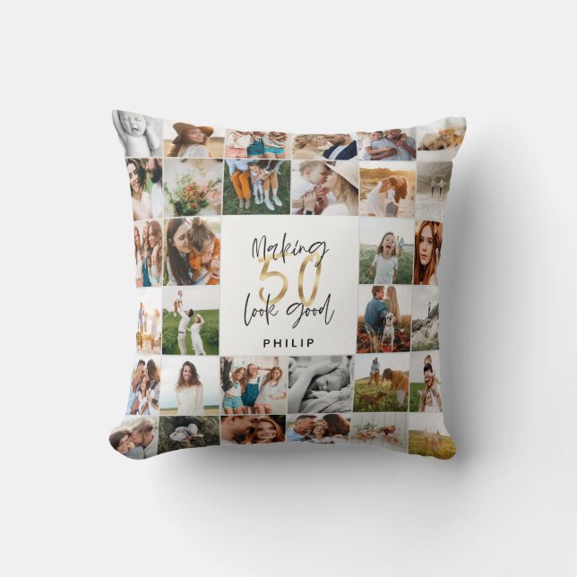 Modern 50th birthday multi photo script gift throw throw pillow (Front)