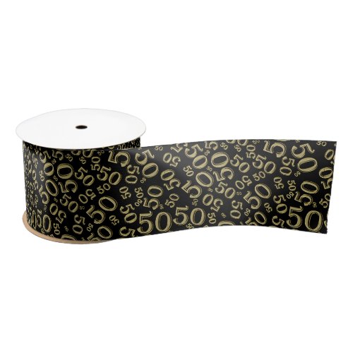 Modern 50th Birthday Number Pattern Black/Gold Satin Ribbon
