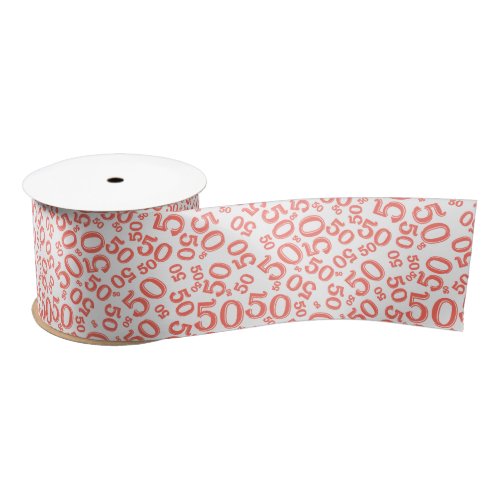 Modern 50th Birthday Number Pattern Coral/White Satin Ribbon