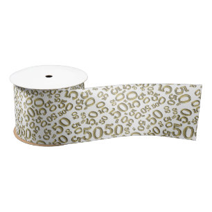 Modern 50th Birthday Number Pattern Gold/White Satin Ribbon