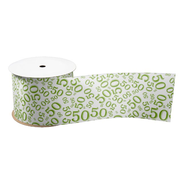 Modern 50th Birthday Number Pattern Green/White Satin Ribbon (Spool)