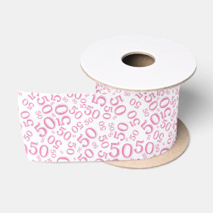 Modern 50th Birthday Number Pattern Pink/White Satin Ribbon
