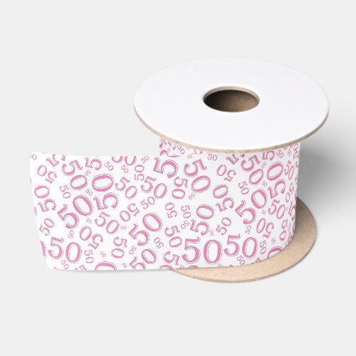 Modern 50th Birthday Number Pattern Pink/White Satin Ribbon