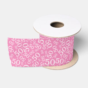 Modern 50th Birthday Number Pattern Pink/White Satin Ribbon