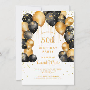 Modern 50th Birthday Party Black Gold Balloons Invitation