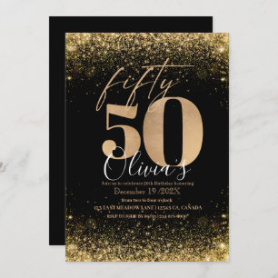 Modern 50th Birthday Party Black Gold Glitter Invitation