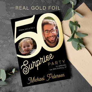 Modern 50th birthday party black gold photo foil invitation