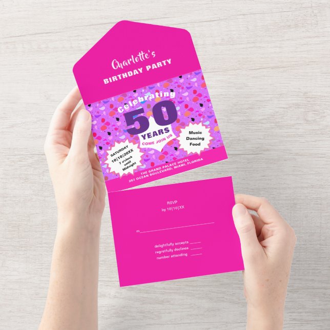 Modern 50th Birthday Party Celebrations Glam All In One Invitation (Tearaway)