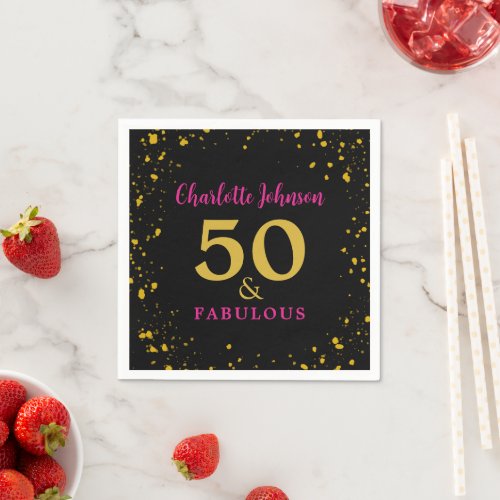 Modern 50th Birthday Party Pink Black Gold Napkins