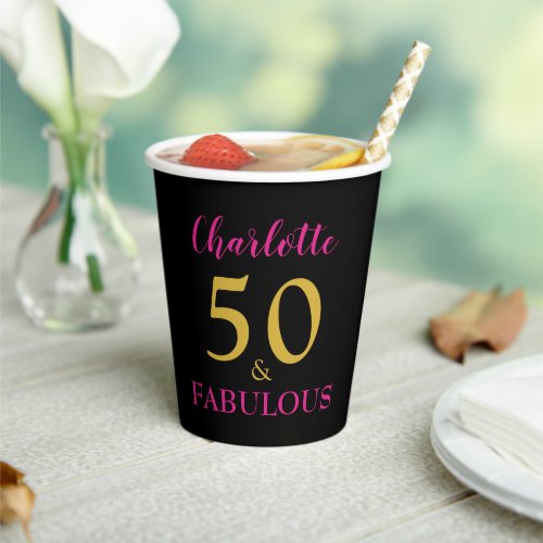 Modern 50th Birthday Party Pink Black Gold Paper Cups
