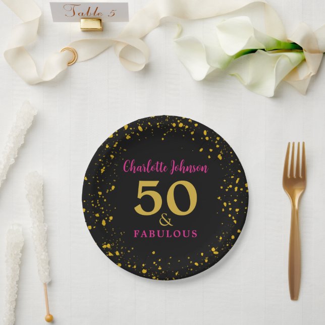 Modern 50th Birthday Party Pink Black Gold Paper Plates (Wedding)