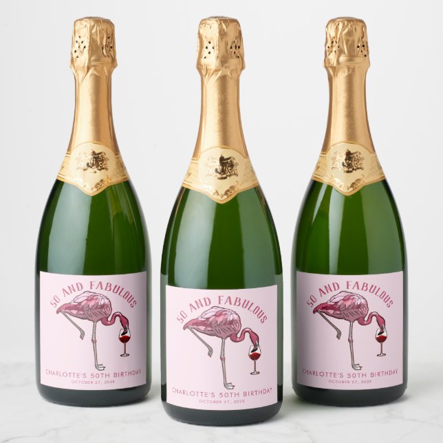 Modern 50th Birthday Party Pink Flamingo Sparkling Wine Label (Bottles)
