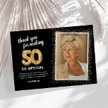 Modern 50th Birthday Photo Thank You Card<br><div class="desc">Elegant fiftieth birthday party thank you cards featuring a stylish black background that can be changed to any color,  a photo of the birthday girl / boy,  gold sparkly glitter,  fifty gold hellium balloons,  and a modern thank you template that is easy to personalize.</div>