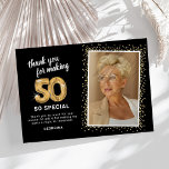 Modern 50th Birthday Photo Thank You Card<br><div class="desc">Elegant fiftieth birthday party thank you cards featuring a stylish black background that can be changed to any color,  a photo of the birthday girl / boy,  gold sparkly glitter,  fifty gold hellium balloons,  and a modern thank you template that is easy to personalize.</div>