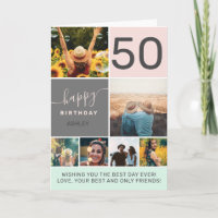 Modern 50th birthday pink 6 photo collage grid card