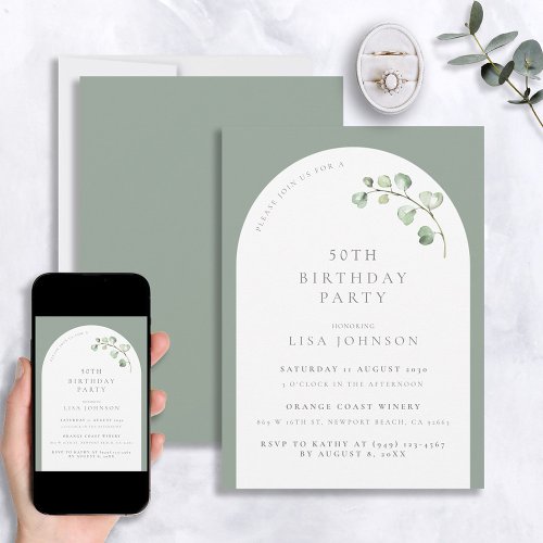 Modern 50th Birthday Sage Green Arch Botanical Invitation