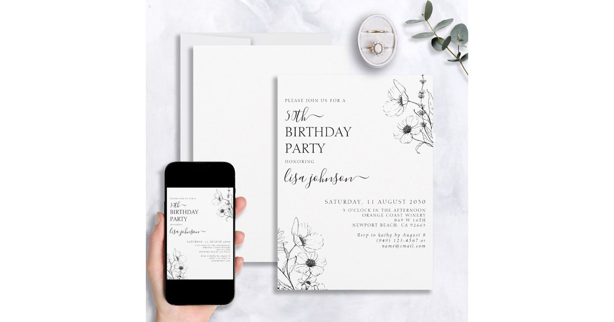 50th Script Modern 50th Birthday Script Black White Floral Invitation | Zazzle