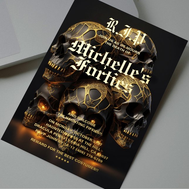 Modern 50th Birthday Skull Halloween Gold  Foil Invitation (Modern 50th Birthday Skull Halloween Gold Foil Invitation
)
