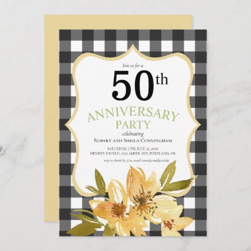 Modern 50th Black Yellow Floral Anniversary Invitation